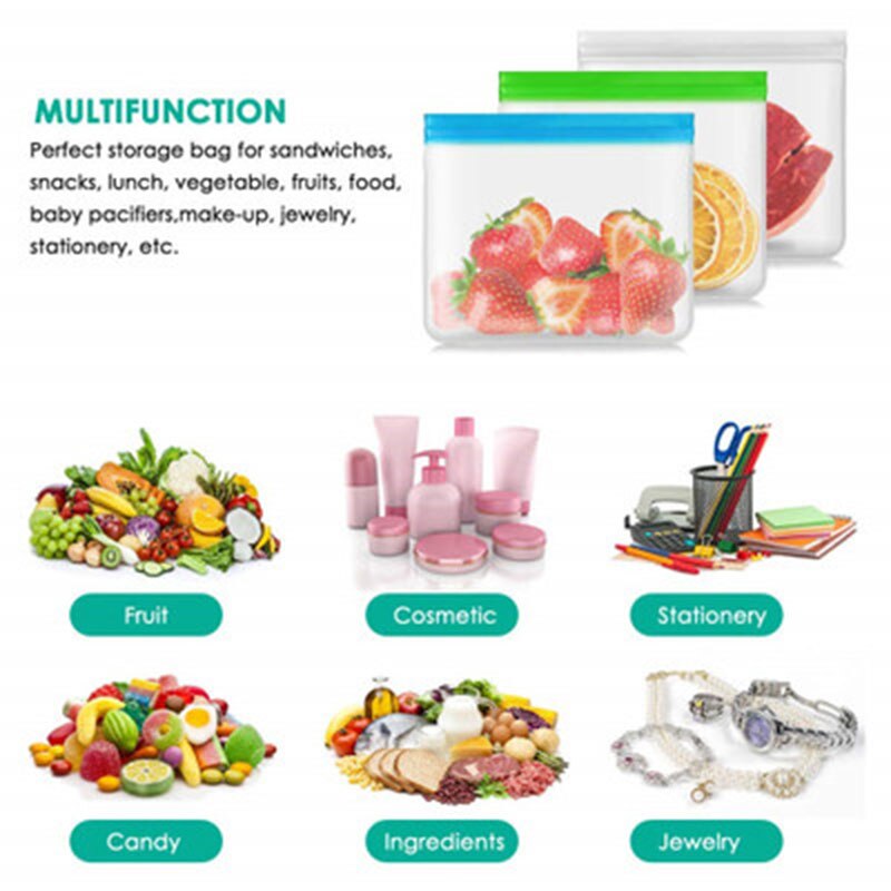 Bolsa de silicona para alimentos, PEVA esmerilada para conservar alimentos, reutilizable, para congelador, con cremallera, a prueba de fugas