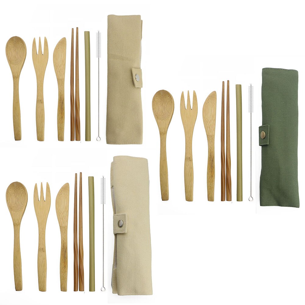 7-Piece Wooden Flatware Cutlery Set Bamboo Straw Set With Cloth Bag Knives Fork Spoon Chopsticks Travel: 2set / 3 mix color