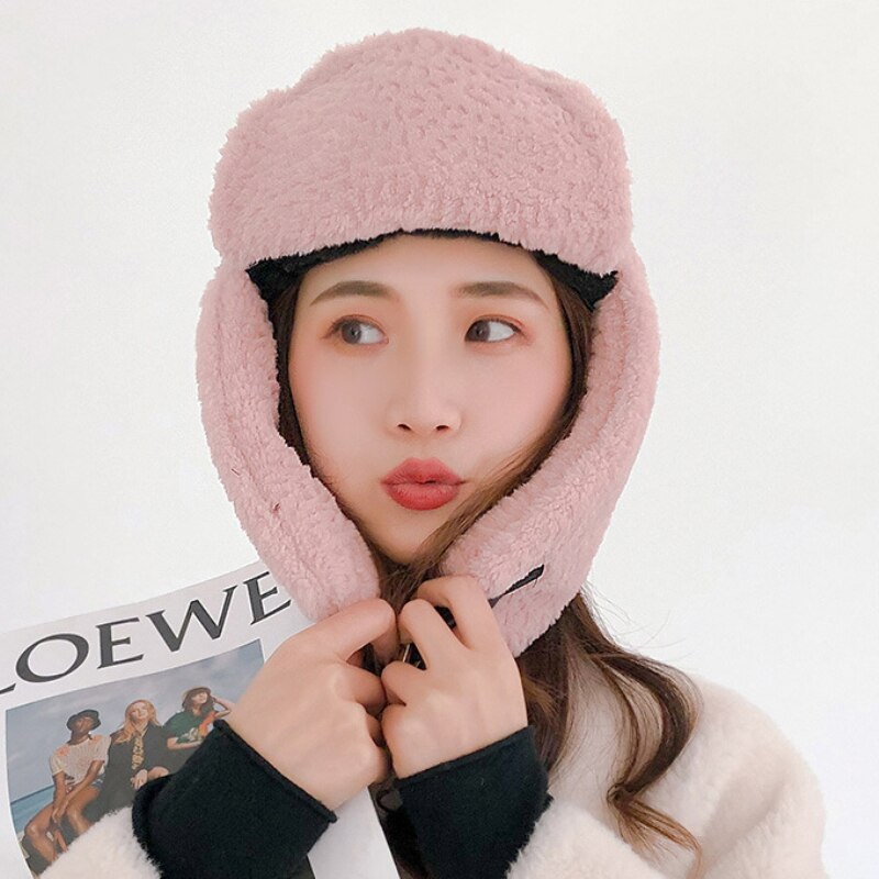 HT3436 Women Winter Hat Thick Warm Berber Fleece Russian Hat Ladies Black Pink Russian Trapper Ski Earflap Cap Female Bomber Hat