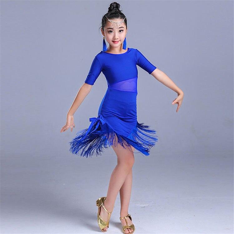 Vestido de baile latino para niños, novedad de , Swing Dance, con flecos, Tango, Salsa, salón, vestidos infantiles para niñas, competición de disfraces: Azul / 120cm(110cm-120cm)