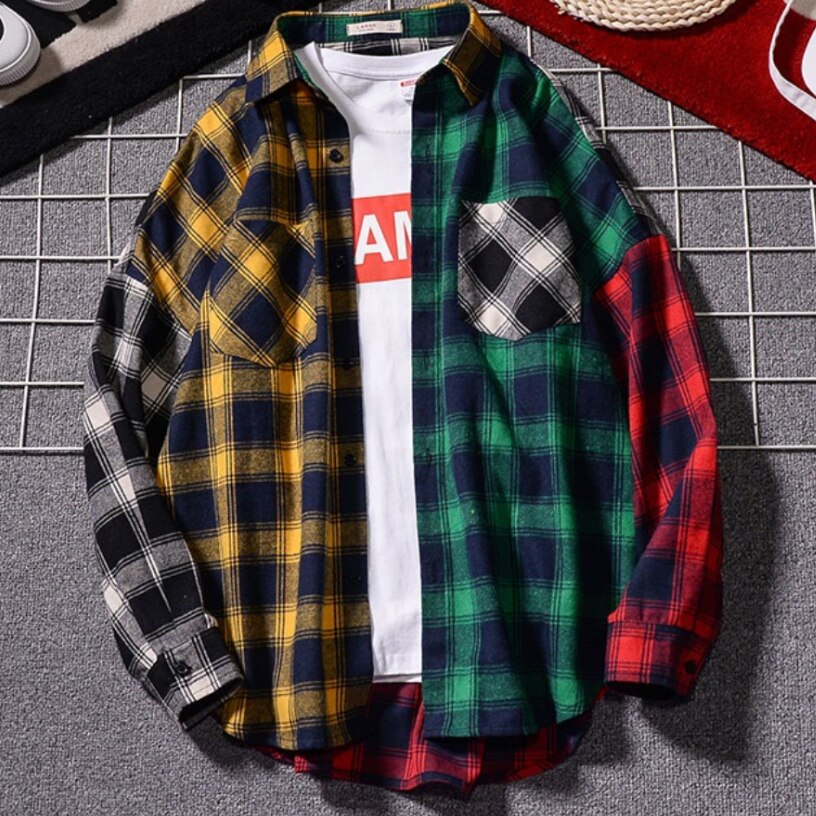 High Street Oversize Hip Pop Men Plaid Shirt Chic Long Sleeve Patchwork Checked Tops Turn Down Collar Pocket Plus Size Shirts