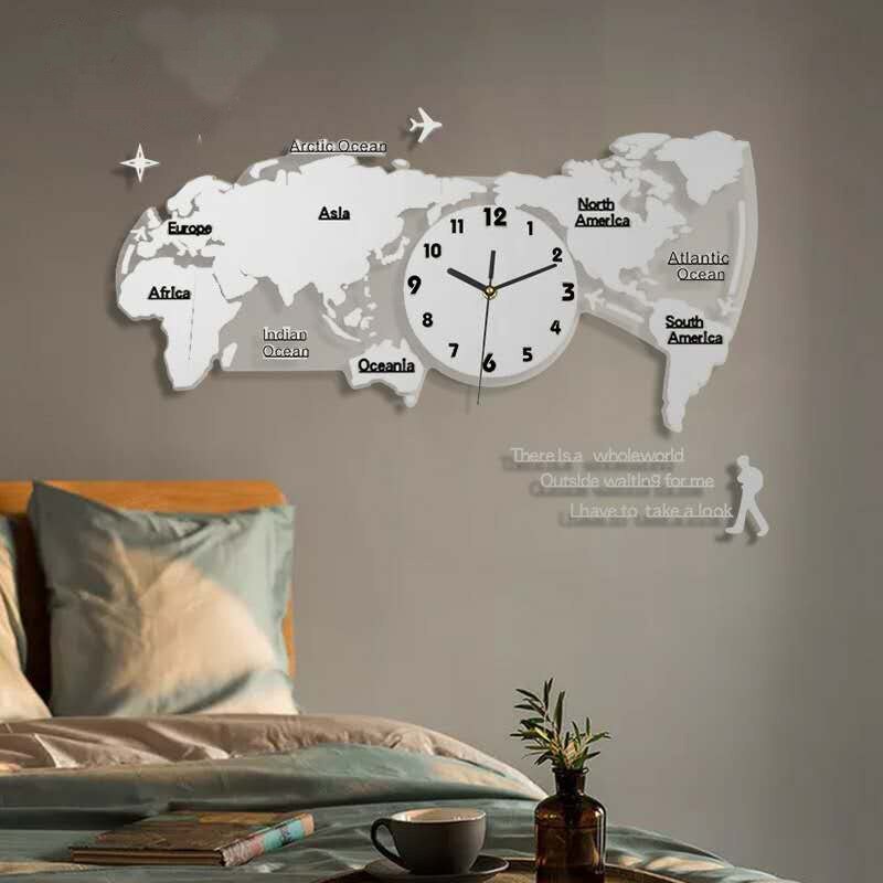 3D World Map Wall Clock Digital Modern Hanging Clock Quiet Acrylic Home Office