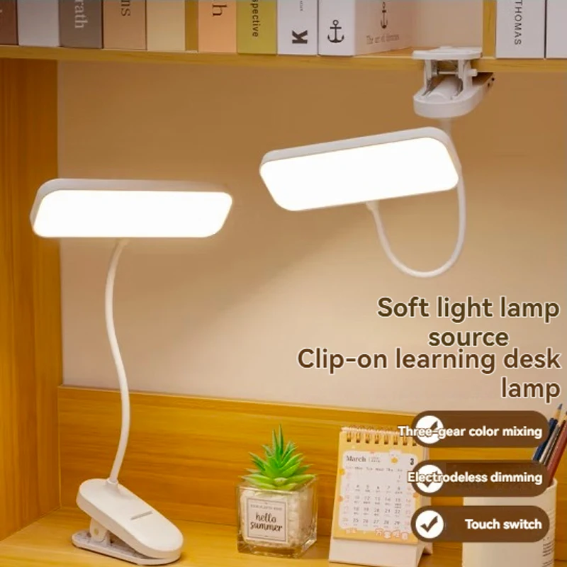 Bureaulamp met clipbevestiging en oogbescherming, oplaadbaar via usb en dimbaar led-licht, verstelbare studielamp voor studentenkamer of slaapkamer.
