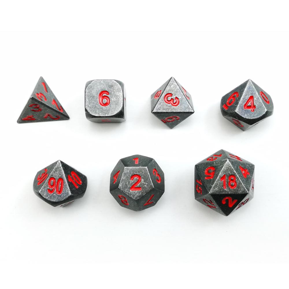 Metallic 7pcs RPG Dice Set, Metal RPG Game Dice With Red Numbers, Metallic 7pcs Polyhedral Dice Set