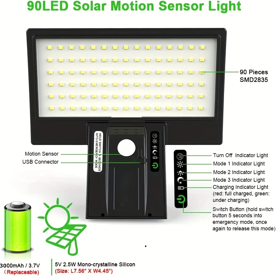 Luzes solares ao ar livre sensor de movimento com controle de segurança inundação luz à prova dwaterproof água 4 modos 90 leds luzes de parede para varanda quintal jardim