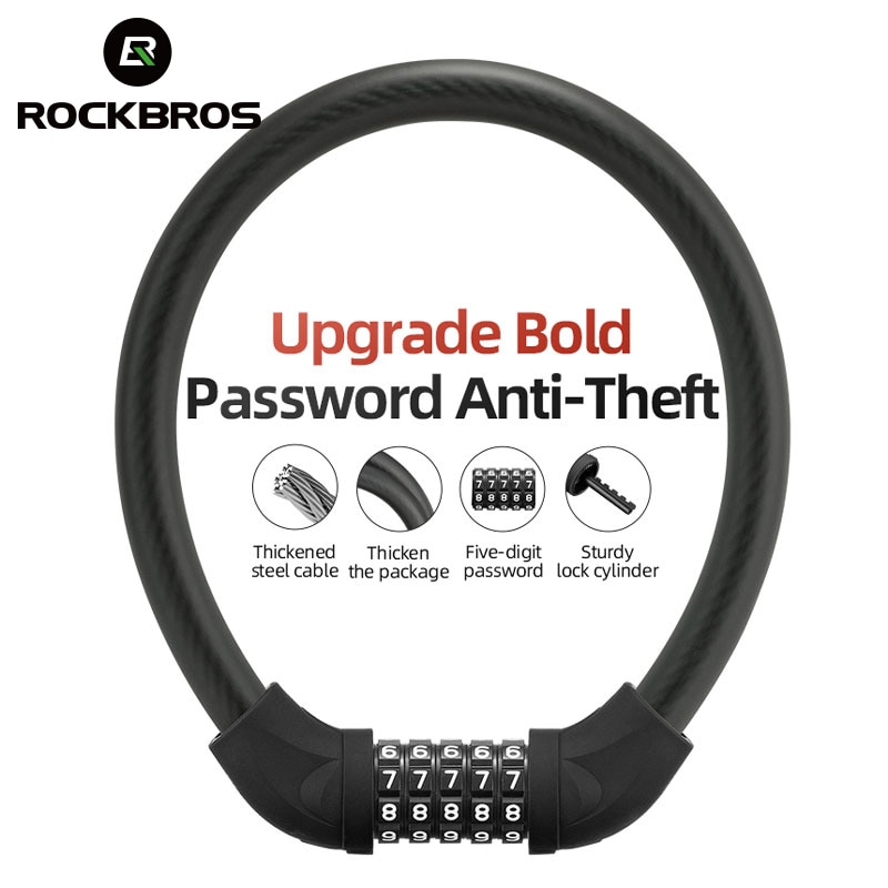 ROCKBROS Bike Lock Five-digit Code Anti-theft 1.72CM Bold 87CM Steel Cable Password Lock PVC Wrapped Lock MTB Road Accessories
