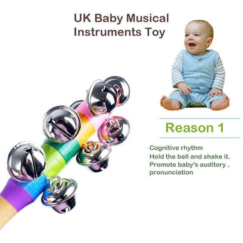 1 pc Wooden Stick 10 Jingle Bells Rainbow Hand Shake Bell Rattles Baby Kids Children Educational Toy