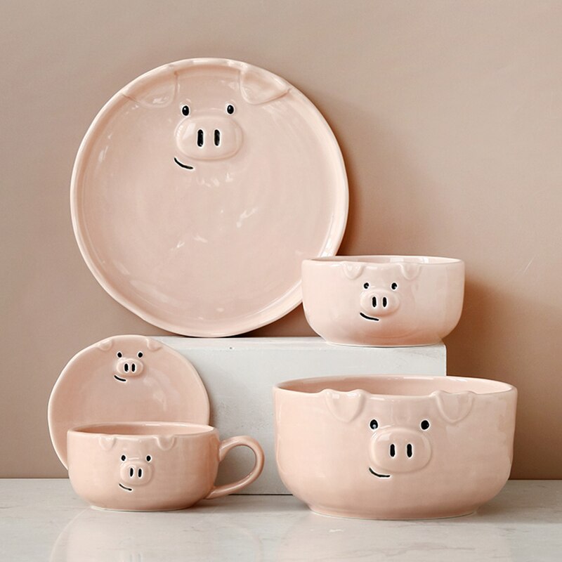 Juego de vajilla de porcelana con dibujos animados para el hogar, conjunto de cerámica con cuenco rosa encantador, plato de desayuno con personalidad creativa