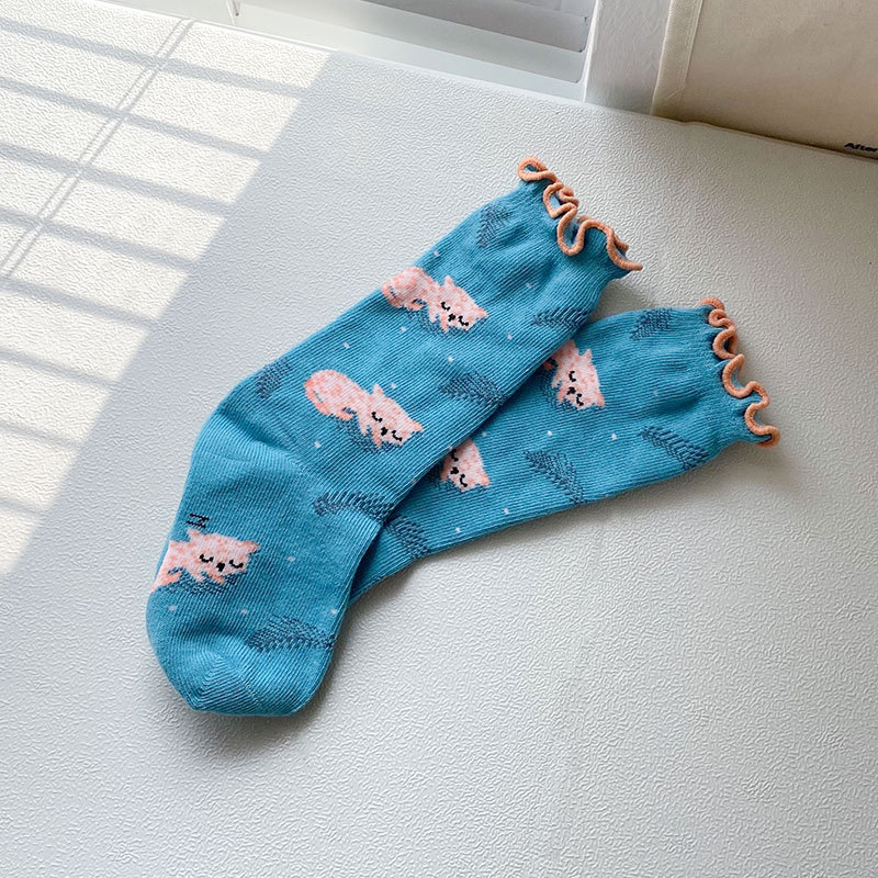 6 Paare/los freundlicher Mädchen Socken Baumwolle Niedliche Karikatur-Ebene Knie Hohe Socken für Jungen Kleinkind Boden Socken freundlicher Socken 1-8 jahre: Blau Katze x6 / L (5-8Y)