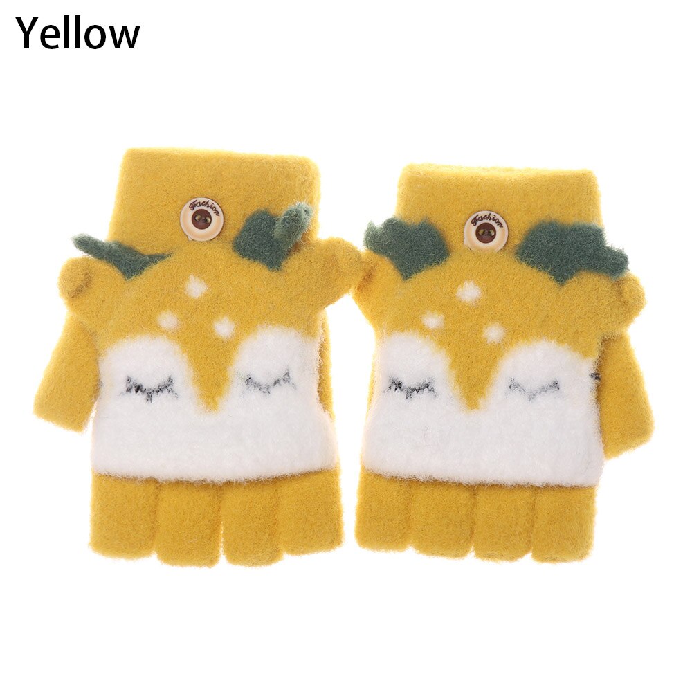 Baby Winter Gloves Girl Boy Knitted Half Finger Flip Cover Mittens 0-6 Years Thick Velvet Children Warm Cartoon Gloves: yellow