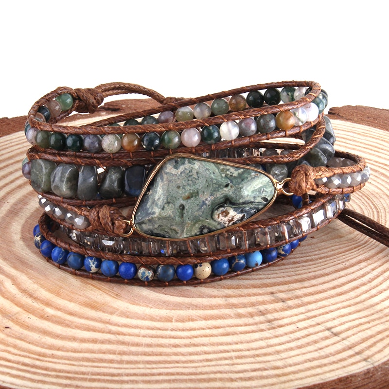 RH Boho Bracelet Armbander Triangle Natural Stones Charm 5 Strand Wrap Bracelets