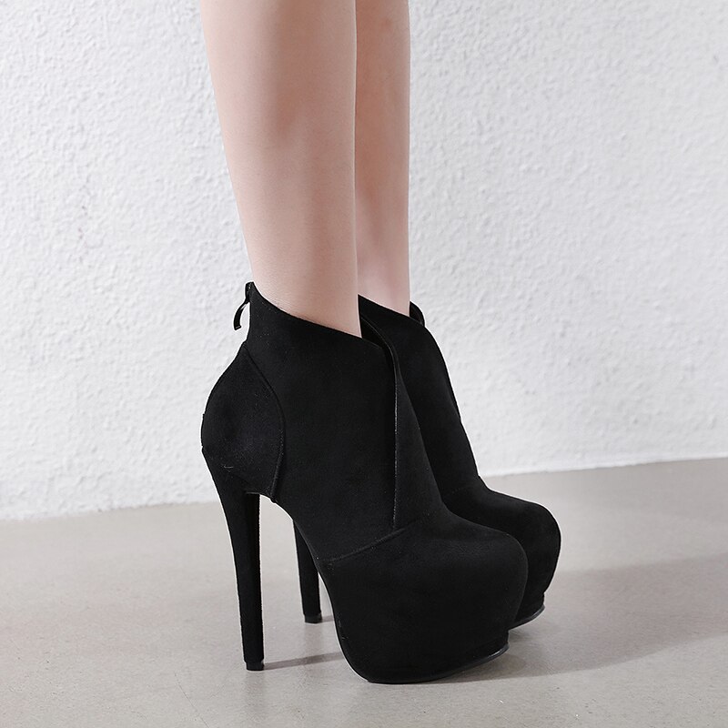 PU Lederen hoge hak Laarzen Winter Vrouwen Enkellaars Mode Rits Platform Dikke Hakken Vrouwelijke Laarzen Schoenen: Black / 35