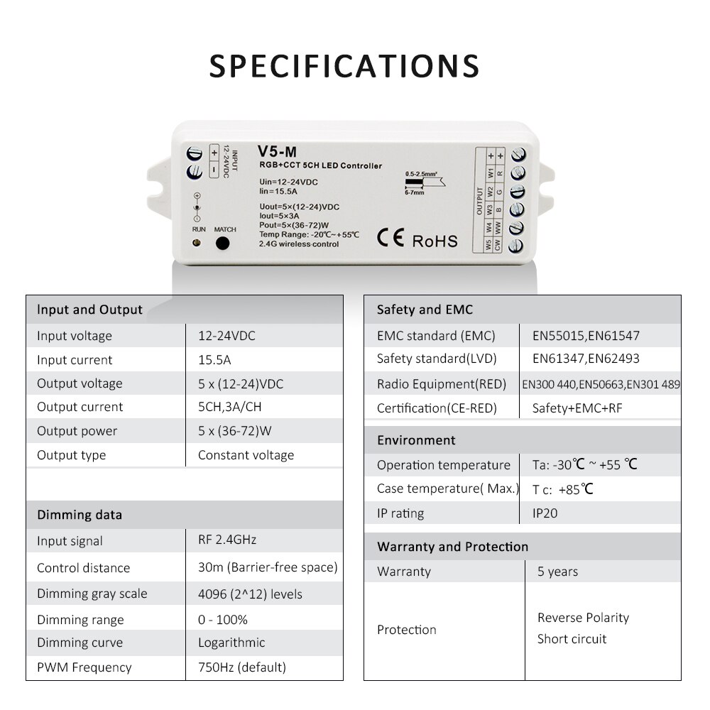 RGBCCT LED Regler 12V 24V 5CH RGB CCT RGBW RGBWW LED Streifen Licht Regler Clever Wifi RF kabellos berühren Fernbedienung V5-M