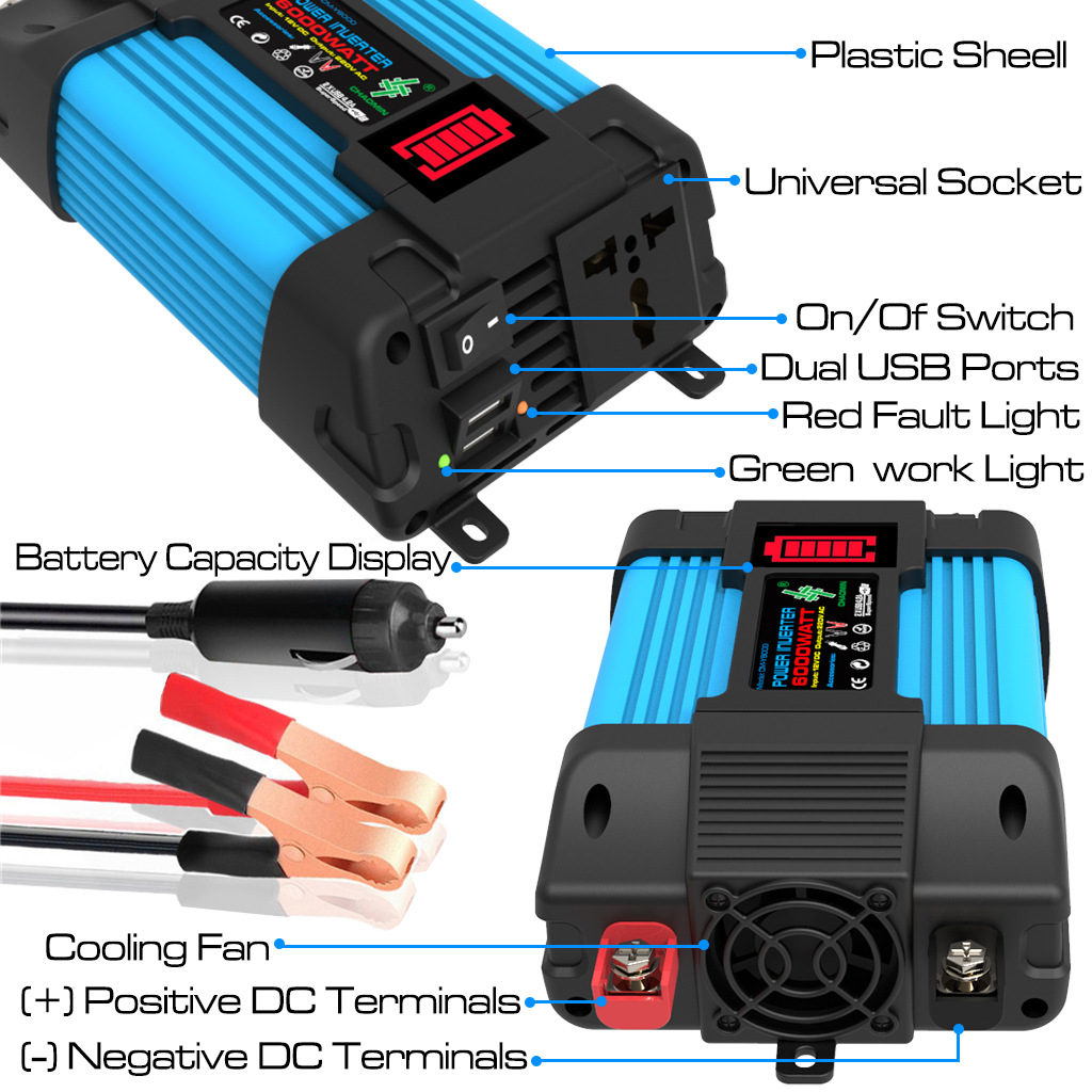 Auto-omvormer DC12V naar AC 110V/220V 6000W Draagbare Powerbank Multifunctionele Universele Aansluiting Ingebouwde Converter Zonne-omvormer
