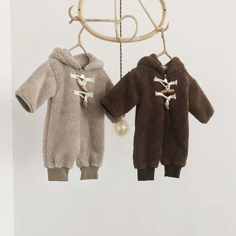 Autumn Winter Boys and Girls Regular Korean Style Cotton Kids Romper Warm, Hooded Collar, Long-Sleeved Zipper, Solid Color