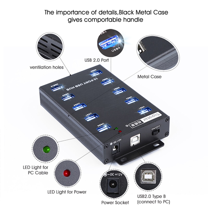 Sipolar 10- poorts industriële usb-hub bitcoin miner usb cryptocurrency miner met 12 5a stroomadapter synchroniseert gegevensoverdracht a -300