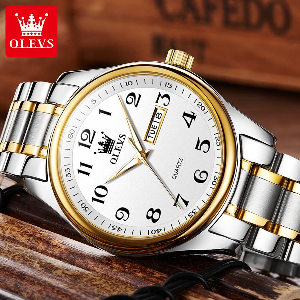 OLEVS-reloj de cuarzo clásico para hombre, cronógrafo de pulsera, esfera Digital, indicador de fecha y semana, luminoso, resistente al agua, dorado