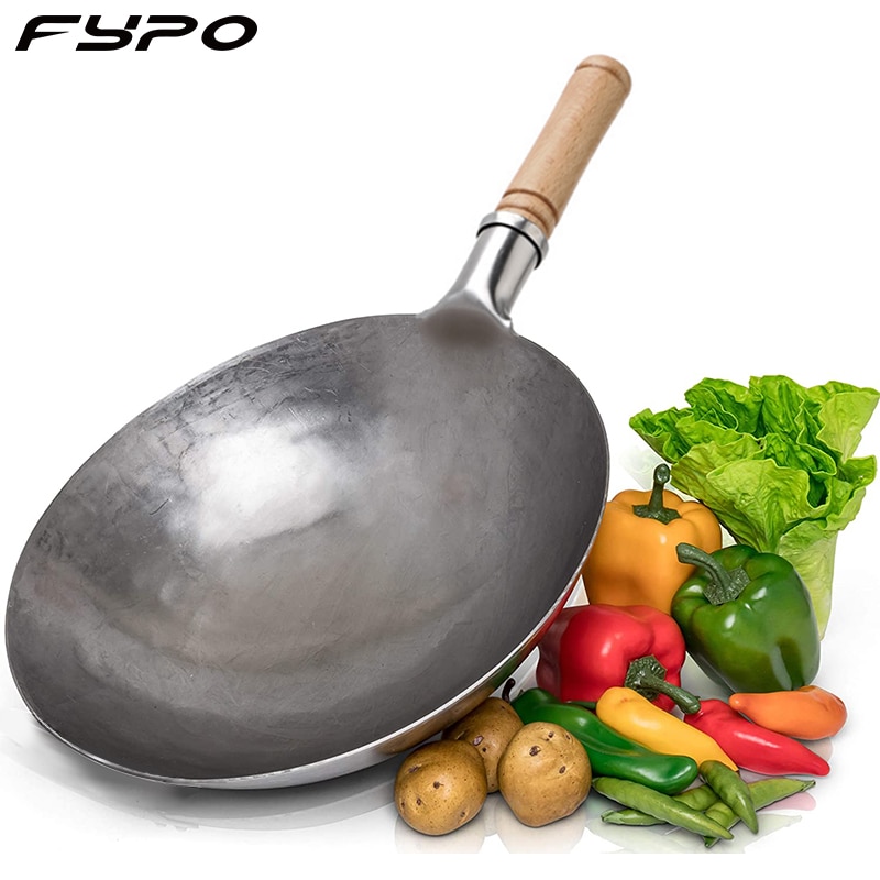 Craft Wok Traditional Hand Hammered Iron Wok with Wooden and Steel Helper Handle Non-coating Gas Cooker Cookware