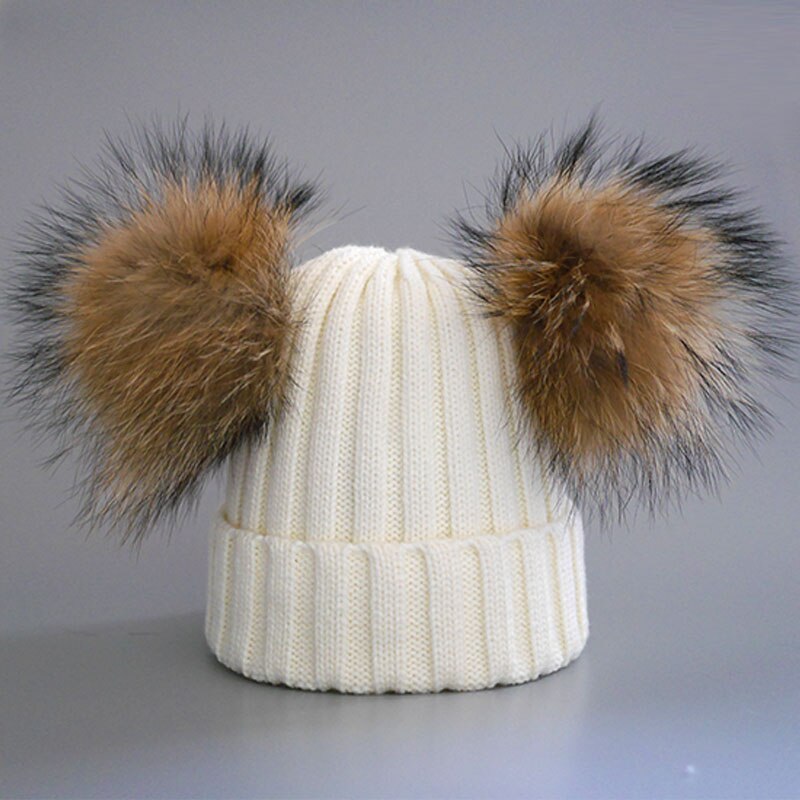 Volwassen Dubbele Bont Pompon Winter Hoeden voor Vrouwen Wol Blend Gebreide Heren Hoeden en Caps