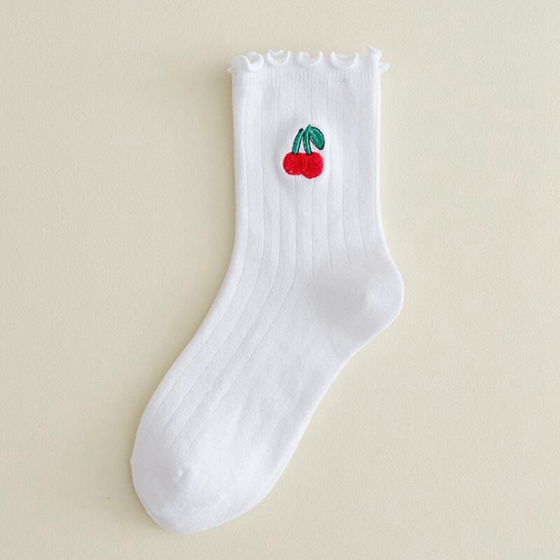 Frilly Embroidered Sock Spring Summer Japan Harajuku Kawaii Cartoon Fruit Cotton Socks Girl Streetwear Happy Casual SOX: White