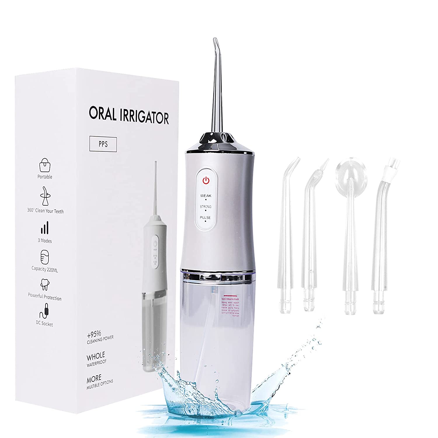 Oral Irrigator USB Rechargeable Water Flosser Portable Dental Water Jet 230ML Water Tank Waterproof Teeth Cleaner: White with 4 tips