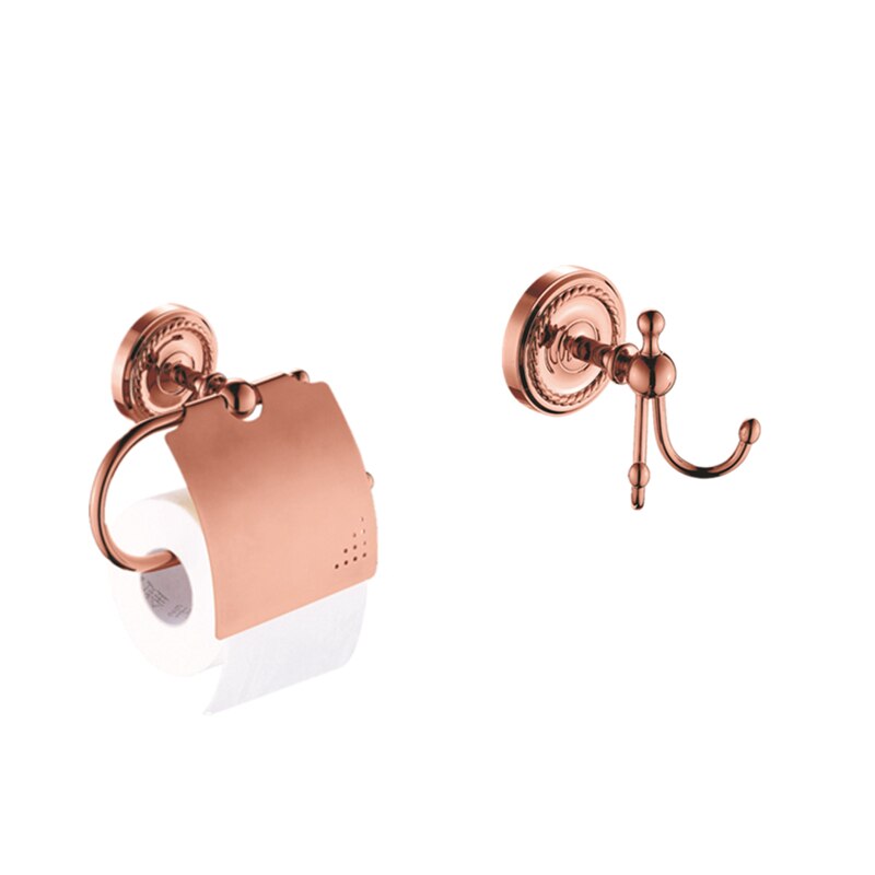 Toiletrolhouder Gepolijst Jas Haak 2 Pcs Antiek Rose Gold Brass Handdoekring Wall Mounted Robe Hook Badkamer Accessoires set: 4