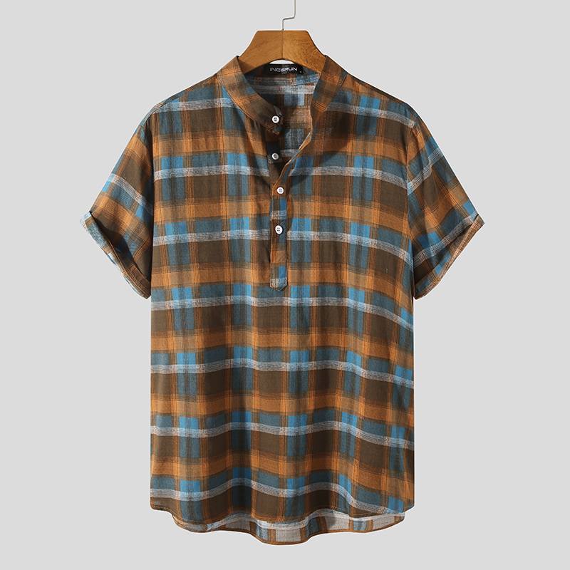 Chemisier en coton à boutons pour homme, Vintage, manches courtes, col montant, décontracté, ample, été , S-3XL: Orange / S