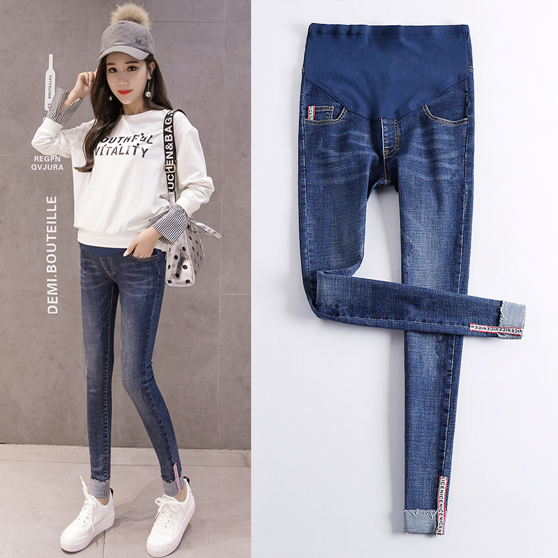 Calça jeans elástica para grávidas, maternidade, cintura justa, roupa para grávidas, abdominal
