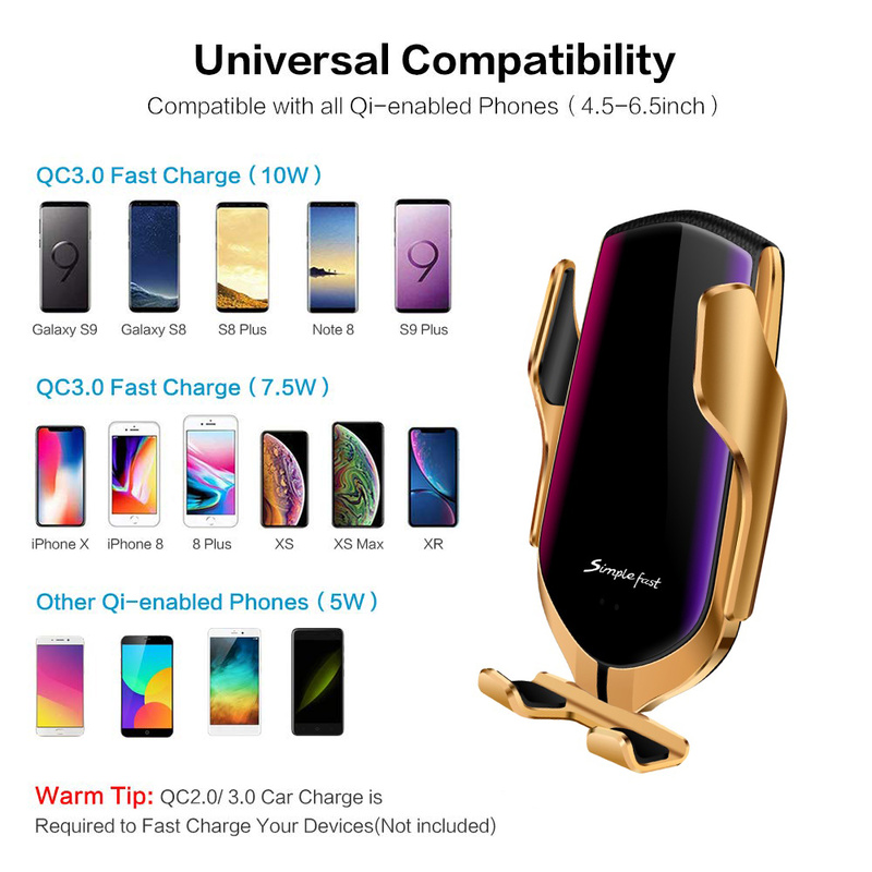 R2 qi automatic clamping 10w wireless charger car phone holder smart infrared sensor air vent mount mobile phone stand hold