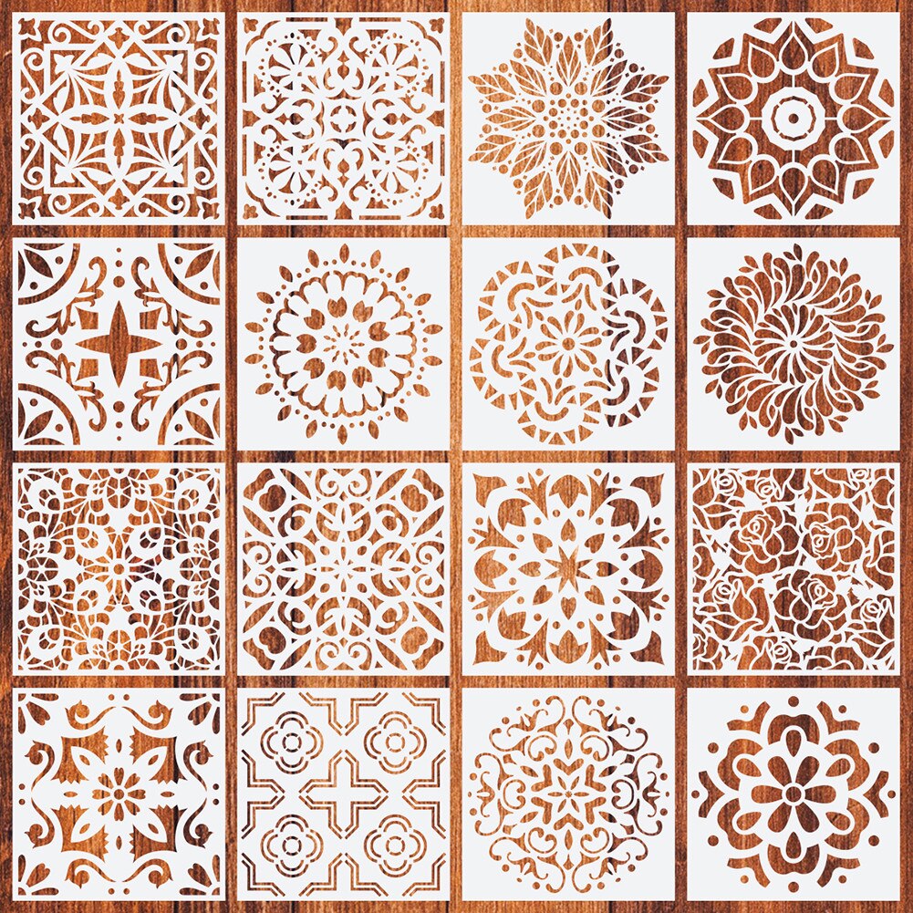 16 stk mandala maleri tegning stencils skabelon til sten gulvvæg flise stof træfyring kunst & håndværk forsyninger -genbrugelig: Default Title