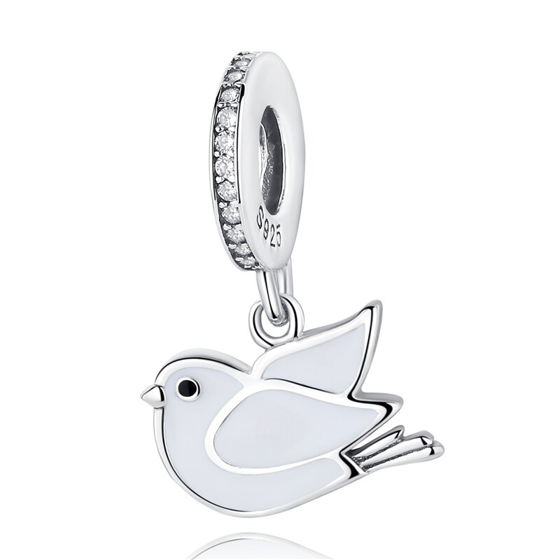 Novo 925 Sterling Silver Bead Rosa Flamingo & Papagaio Colorido Pingente Encantos De Cristal Beads Fit Pulseiras Jóias Originais: silver pigeon