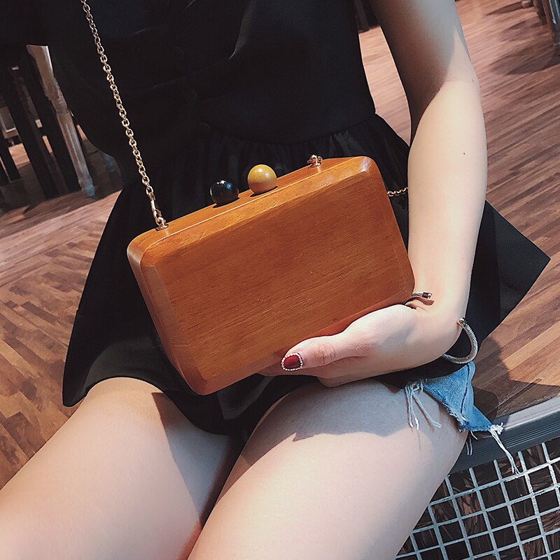 Bolso de mano de Vintage para mujer, de madera de estilo Simple, Mini bolso de noche con cadena, bolso de hombro femenino, Bolsa con solapa