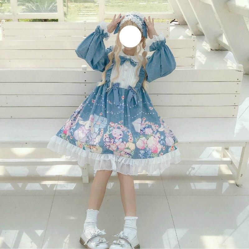 Vestido gótico lolita de diario para niña, vestido Kawaii de manga larga con conejo suave, japonés, para Otoño e Invierno: green
