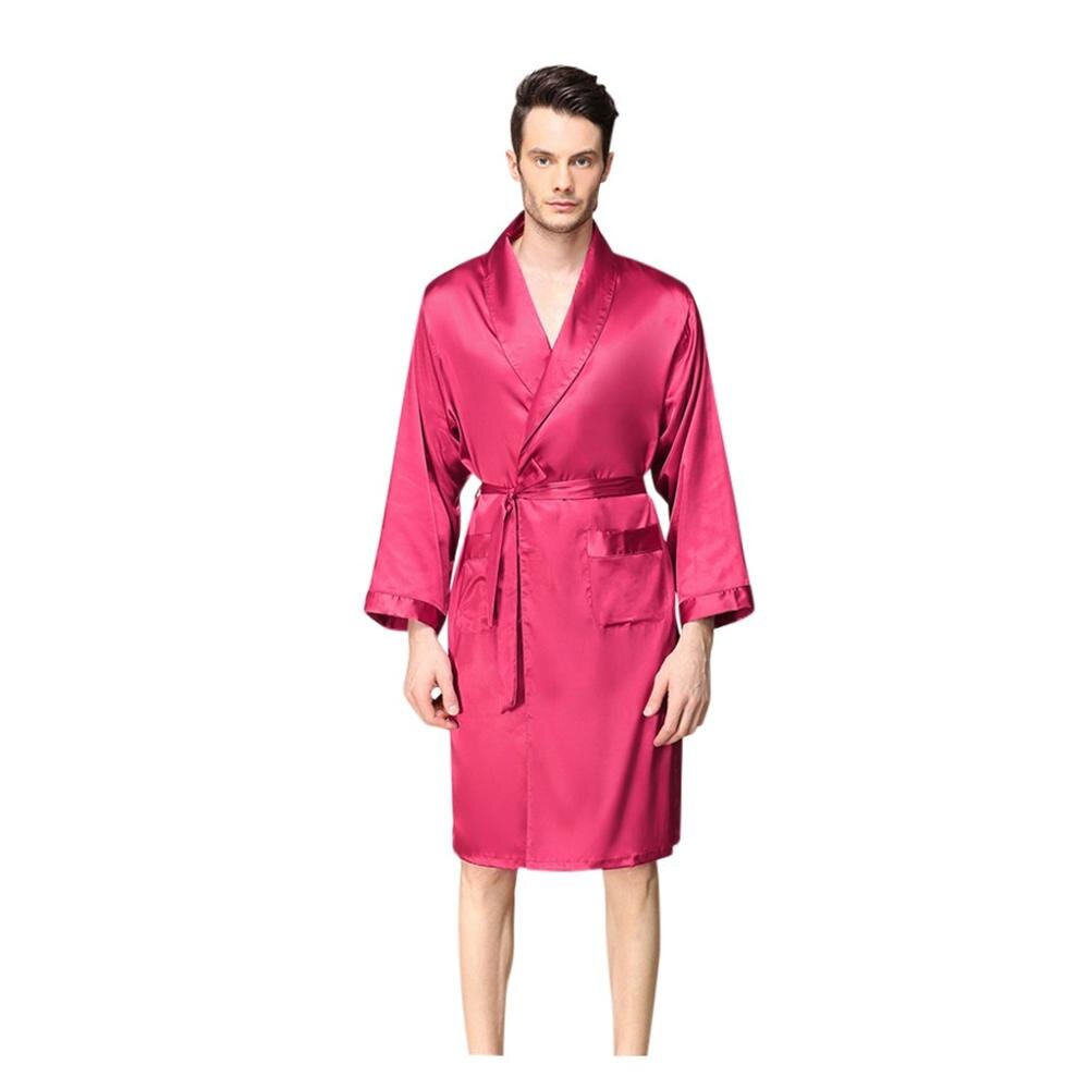 Homme Satin de soie peignoir Robe longue solide soie pyjama hommes soie chemise de nuit vêtements de nuit kimono homme amant Robe de chambre: Rouge / M