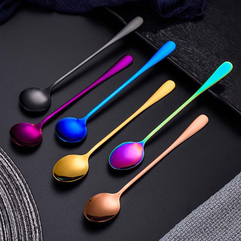 Colorful Stainless Steel Round Head Shaped Long Handle Spoon Flatware Drinking Tools Kitchen Gadget Coffee Fruit Teaspoon