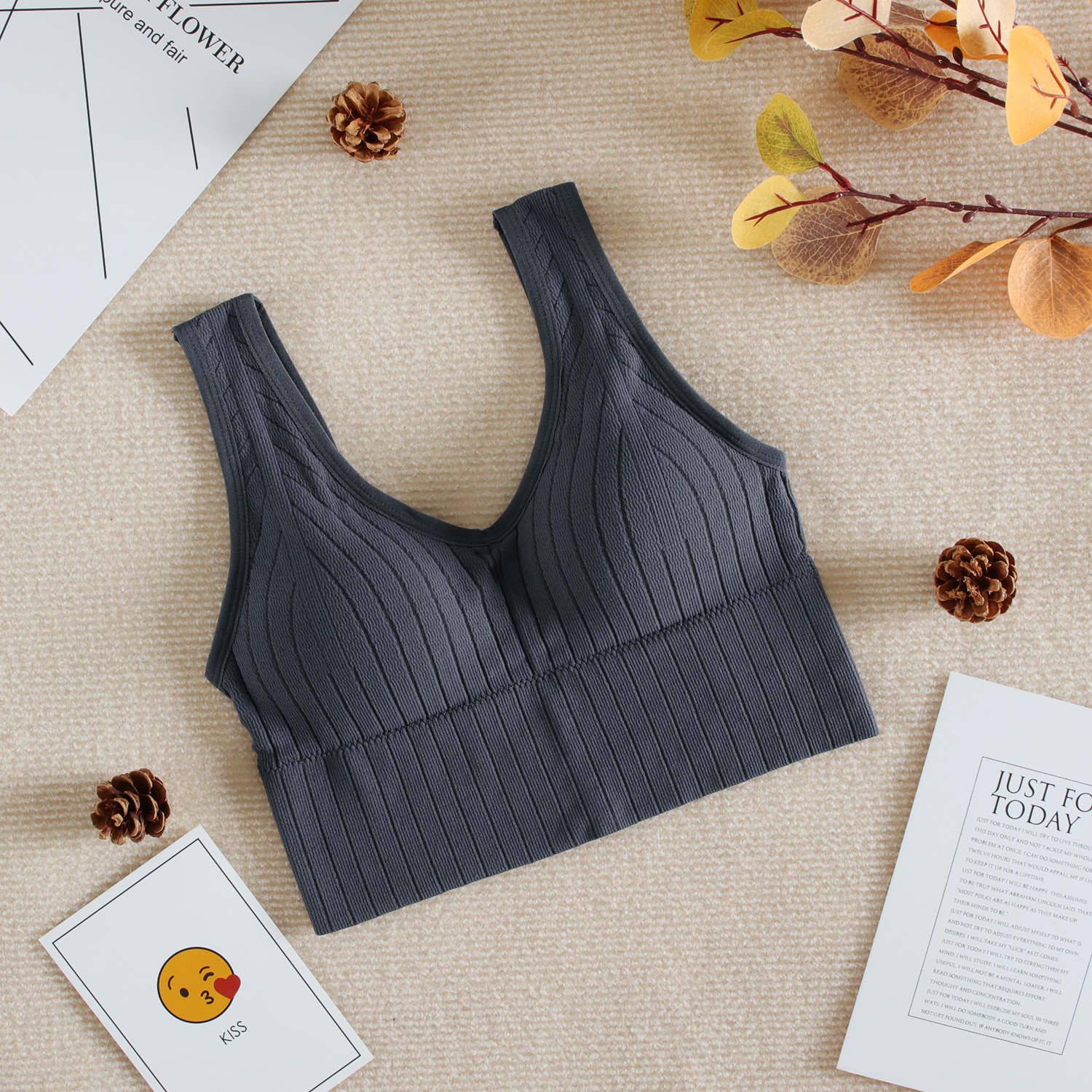 Seamless Padded Crop Top Women Bra Sports One-Piece Tube Top Underwear Striped Wireless Lingerie: gray top