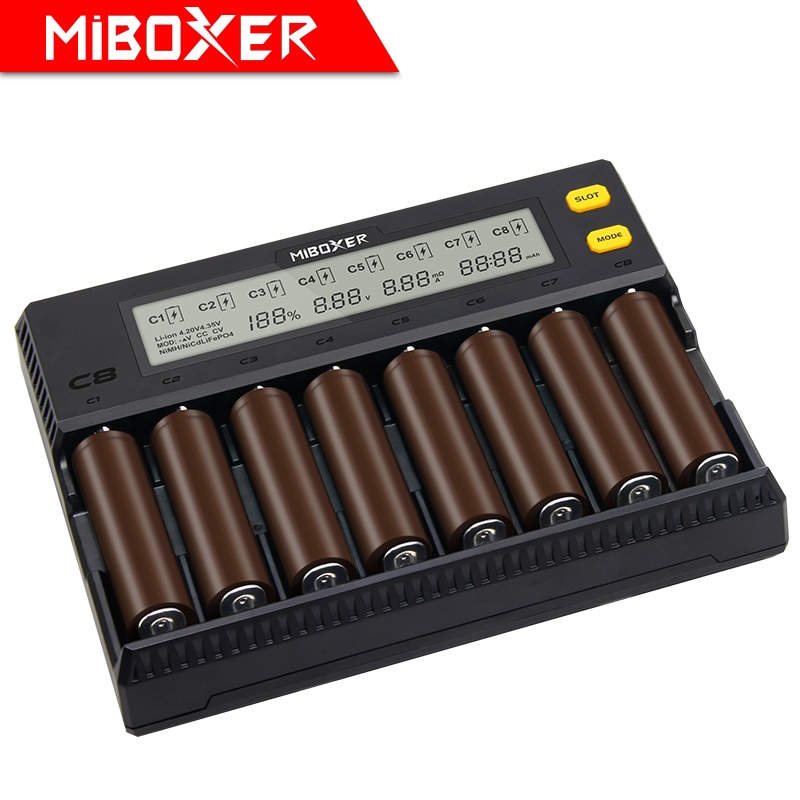 MiBOXER C8 Battery Charger 8 Slots LCD Display for Li-ion LiFePO4 Ni-MH Ni-Cd AA 21700 20700 26650 18650 17670 RCR123 18700