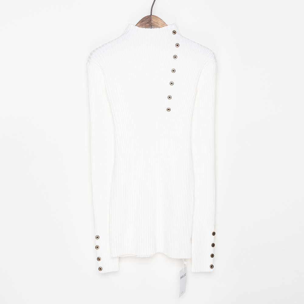 Geribbeld Mock Hals Trui Vrouwen Winter Gebreide Lange Truien Vrouwen Trui Jumper Met Zijknoppen: WHITE