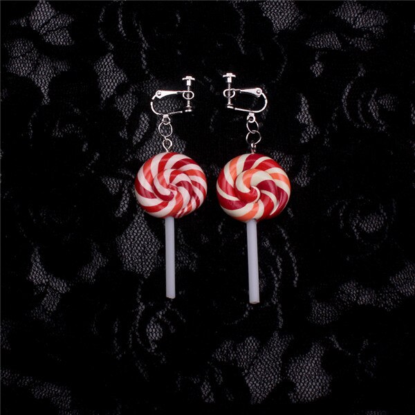 cute lollipop clip on earrings women novelty childhood sucker sugarplum sweetmeat clip earring without piercing: Red