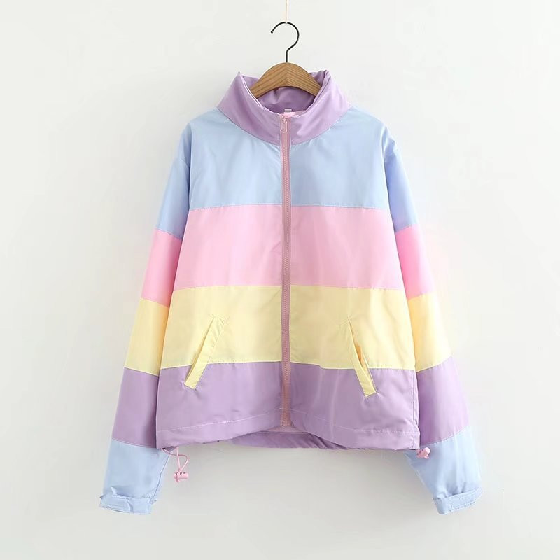 Vrouwen Winter Jas Oversized Parka Korte Casual Warme Jas Gestreepte Winter Kleding Regenboog Streep Splicing Pluizige Parka