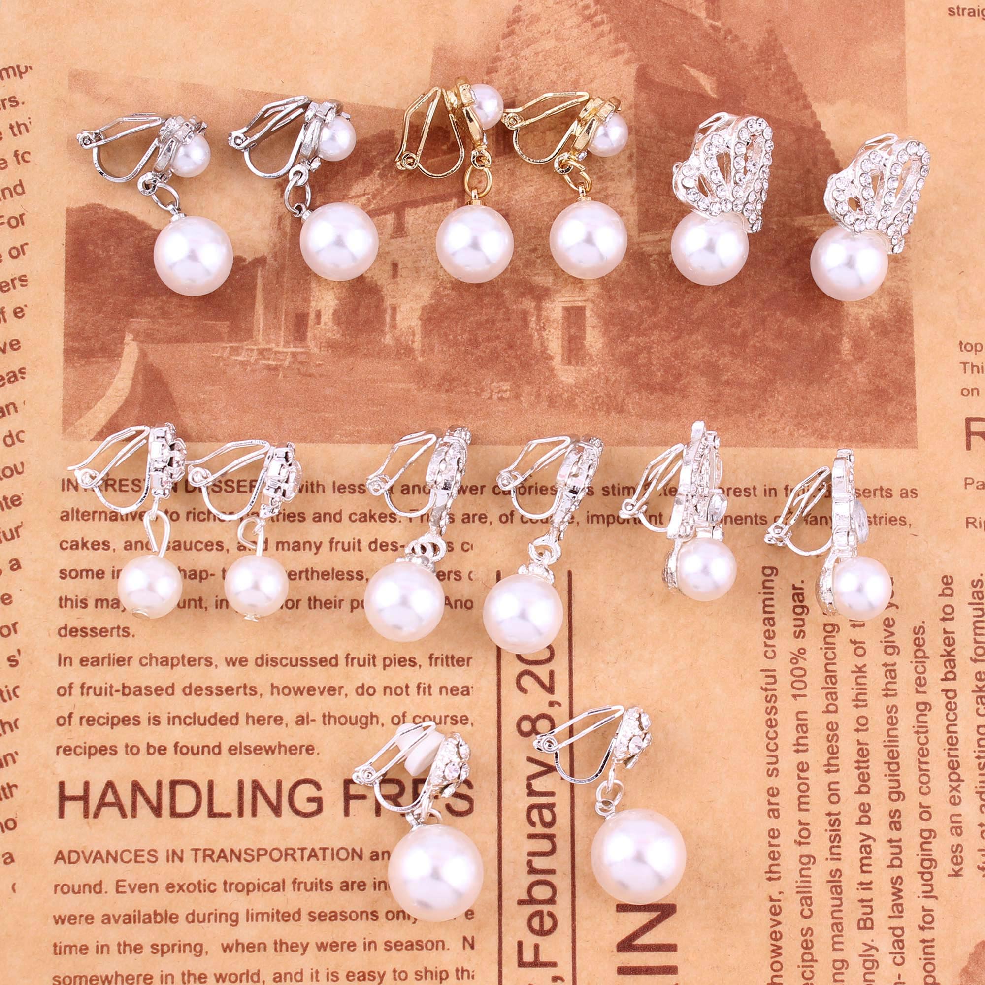WENHQ Simulated Pearl Rhinestone Earrings Cute Clip on Earrings Non Piercing Earrings for Women No Hole Ear Clip