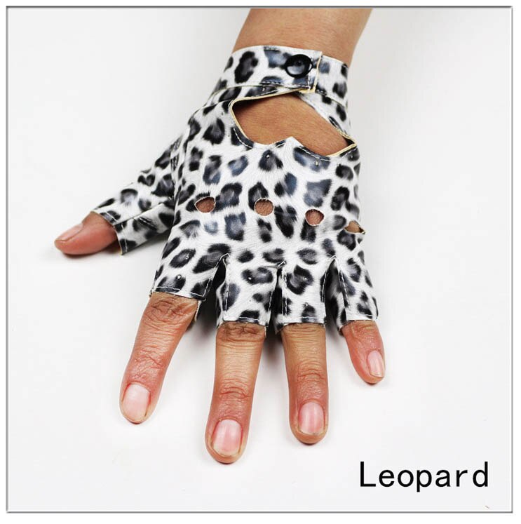 Ninja Women Leather Gloves Fingerless Star Hollow Gloves Party Show Breathable Half Finger Mittens Women: Leopard