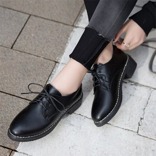 femmes Oxfords femmes lacer bureau chaussures plates dames en cuir solide chaussures femme bout rond couture confortable chaussures: Matt black / 5