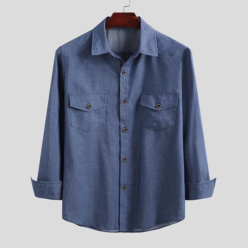 Incerun män jeansskjorta långärmad turn down krage streetwear tunna toppar arbetsskjortor höst chica fickor camisas: Blå / Xl
