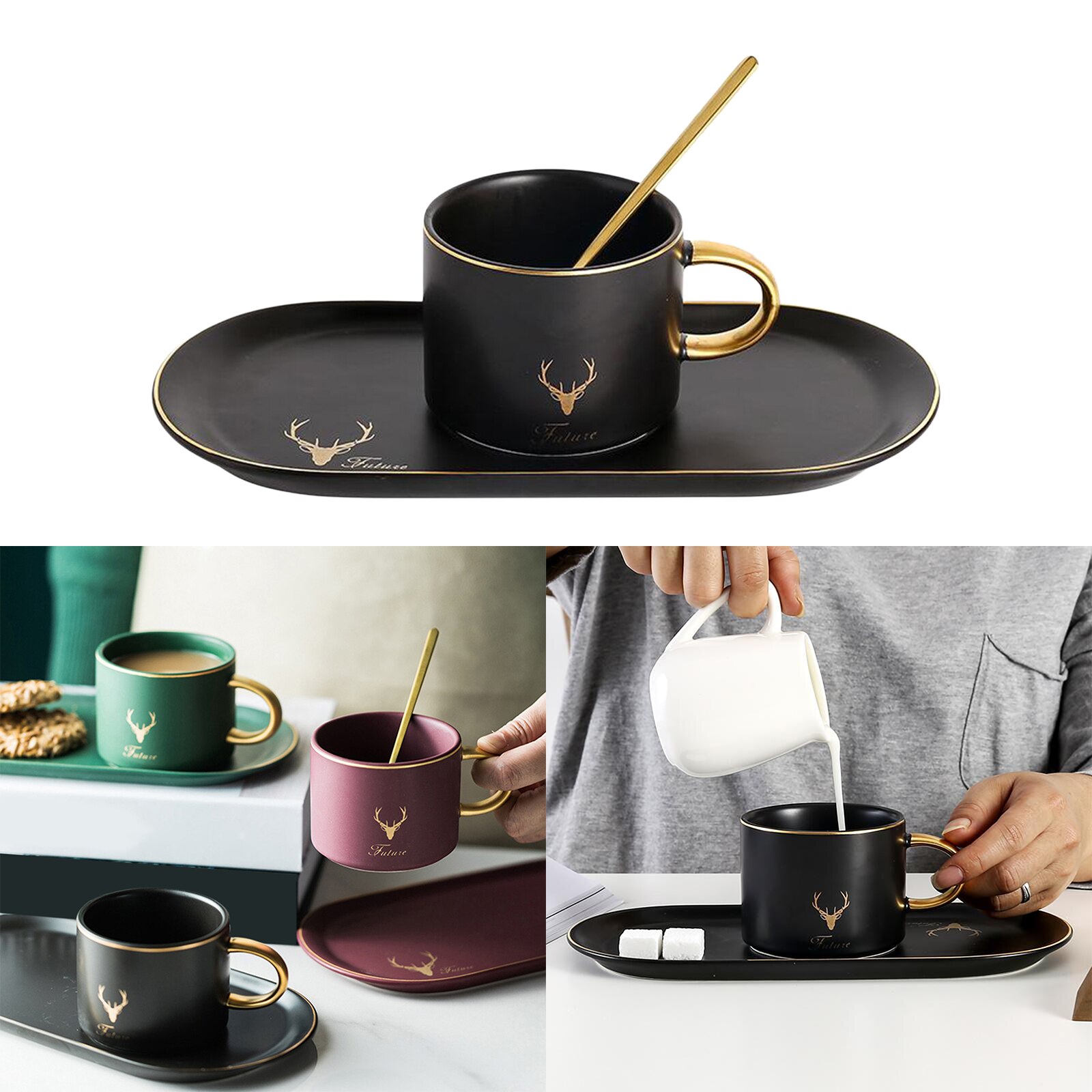 Ceramic Tableware Breakfast Coffee Cup Set inlcuding Saucer Tray and Spoon, Nordic Style