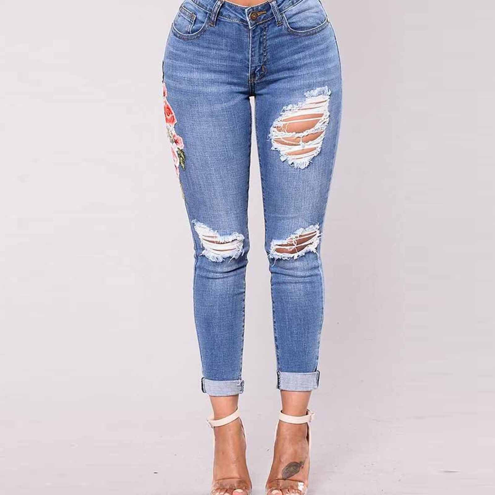 Jean brodé extensible pour femmes jean à fleurs élastique Femme Pantalon en Denim mince trou déchiré Rose motif jean Pantalon Femme