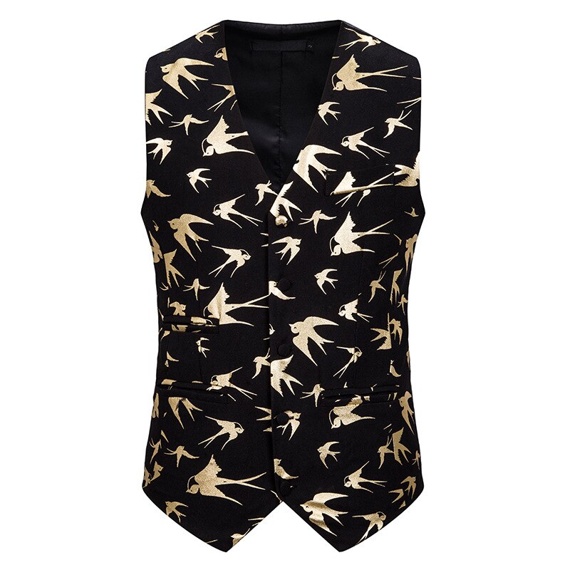 Gilet de costume simple boutonnage à col en v pour homme, style hipster, imprimé mouches et oiseaux, gilet de smoking pour homme, gilet de robe de mariée: Or / Xl
