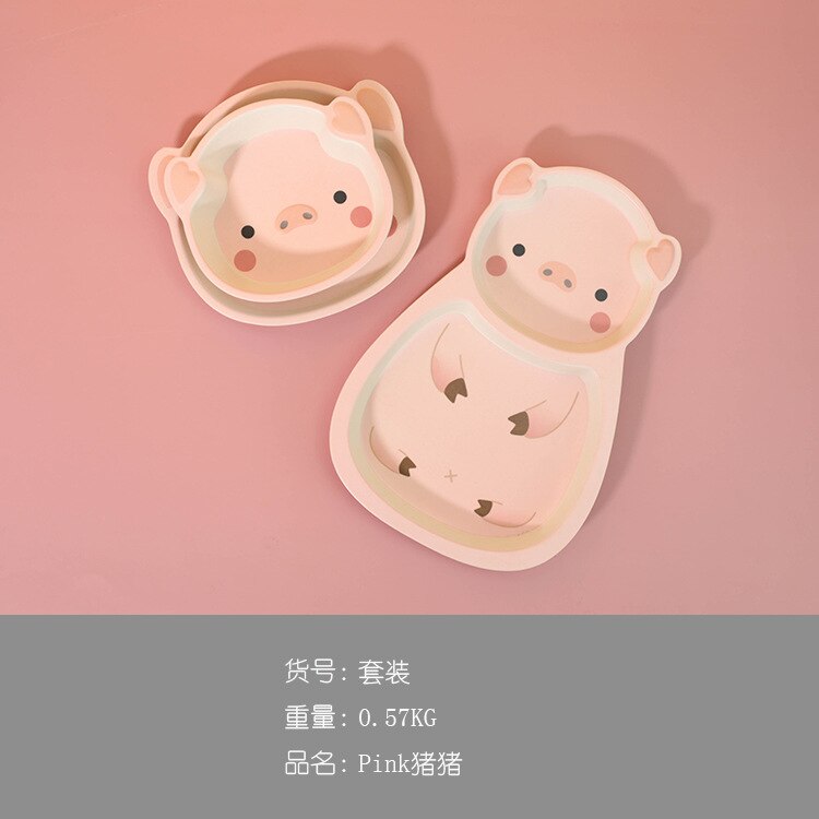Children's Dinner Plate Set Bamboo Fiber Tableware Pig-shaped Dinner Plate Baby Special Cartoon Anti-fall Bowl Dishes Tableware: Set
