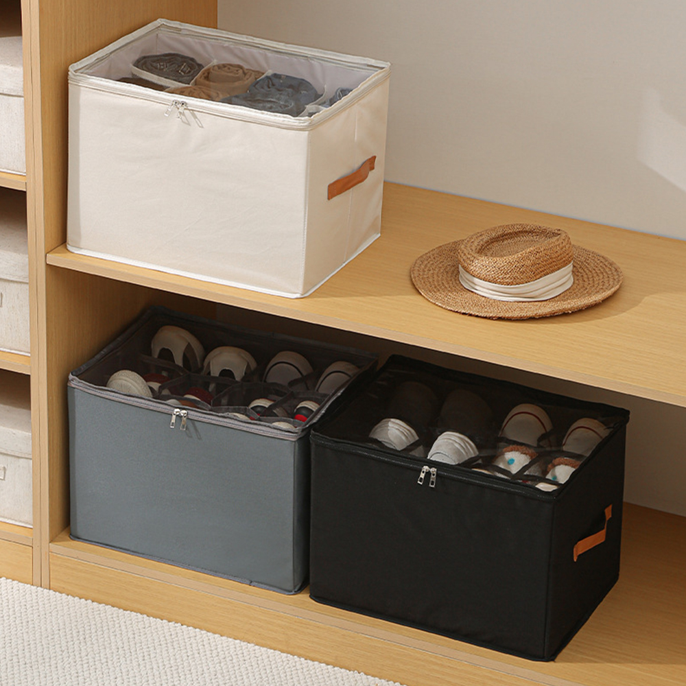 Fabric Shoe Organizer Foldable Shoe Storage Bin with Clear Lid Shoe Storage Box Adjustable Dividers for Sneakers Loafers Sandals