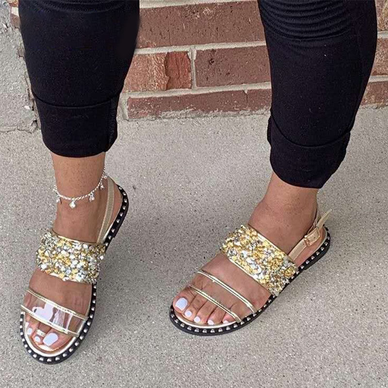 Sandalen Vrouwen Flats Schoenen Zomer Casual Glitter Gesp Transparante Pu Rome Dames Crystal Vrouw Strand Femlae Bling: Goud / 5